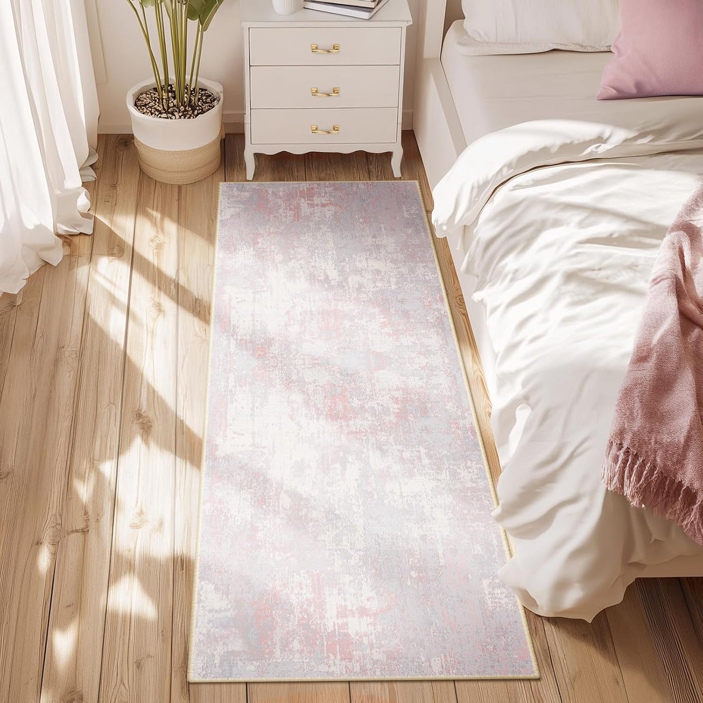 Washable Area Rugs 2'x8' Non-Slip Modern Abstract Soft for Living Room Entryway Bedroom Nursery, Print Pattern, Grey Pink