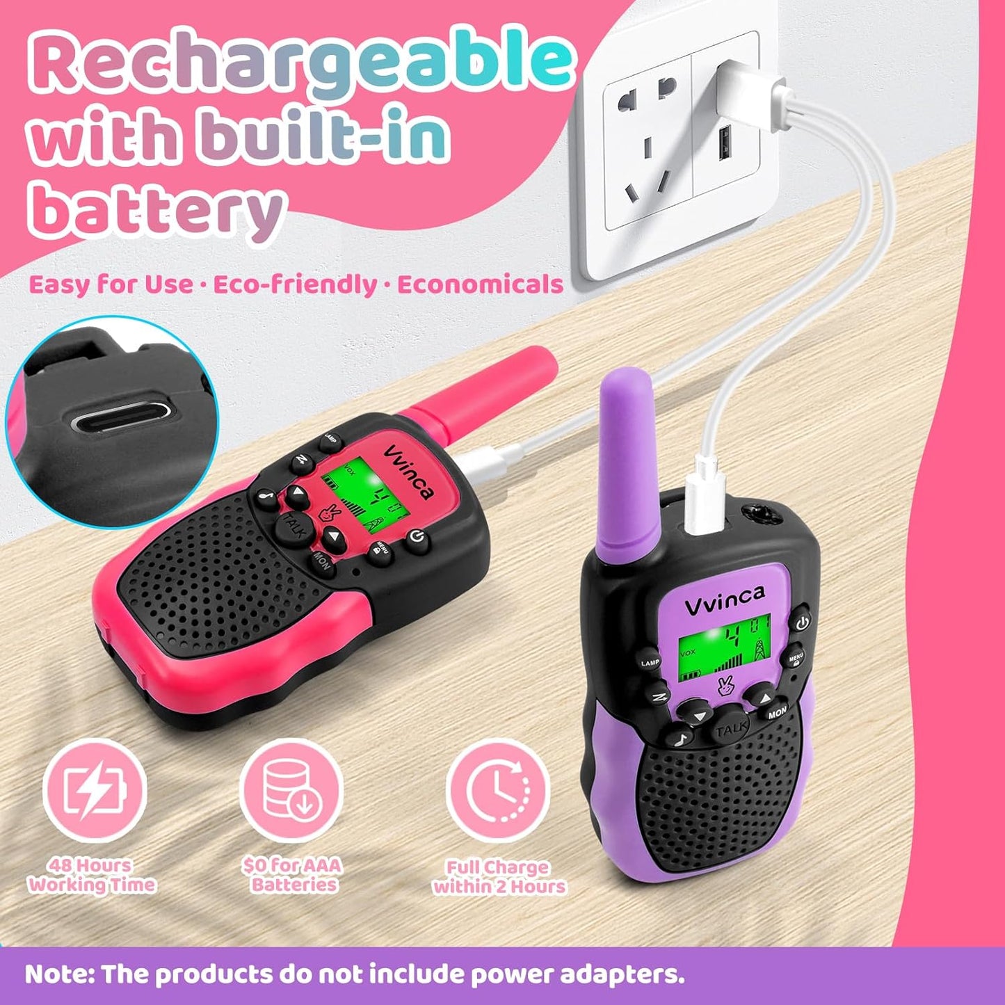 Vvinca Rechargeable Walkie Talkies for Kids, Toys for Ages 5-7 Birthday Gift for 3-12 Year Old Girl Boy with Flashlight 22 Channel 2 Way Radio 3 Mile Long Range Walkie Talkie for Outdoor Game Camping