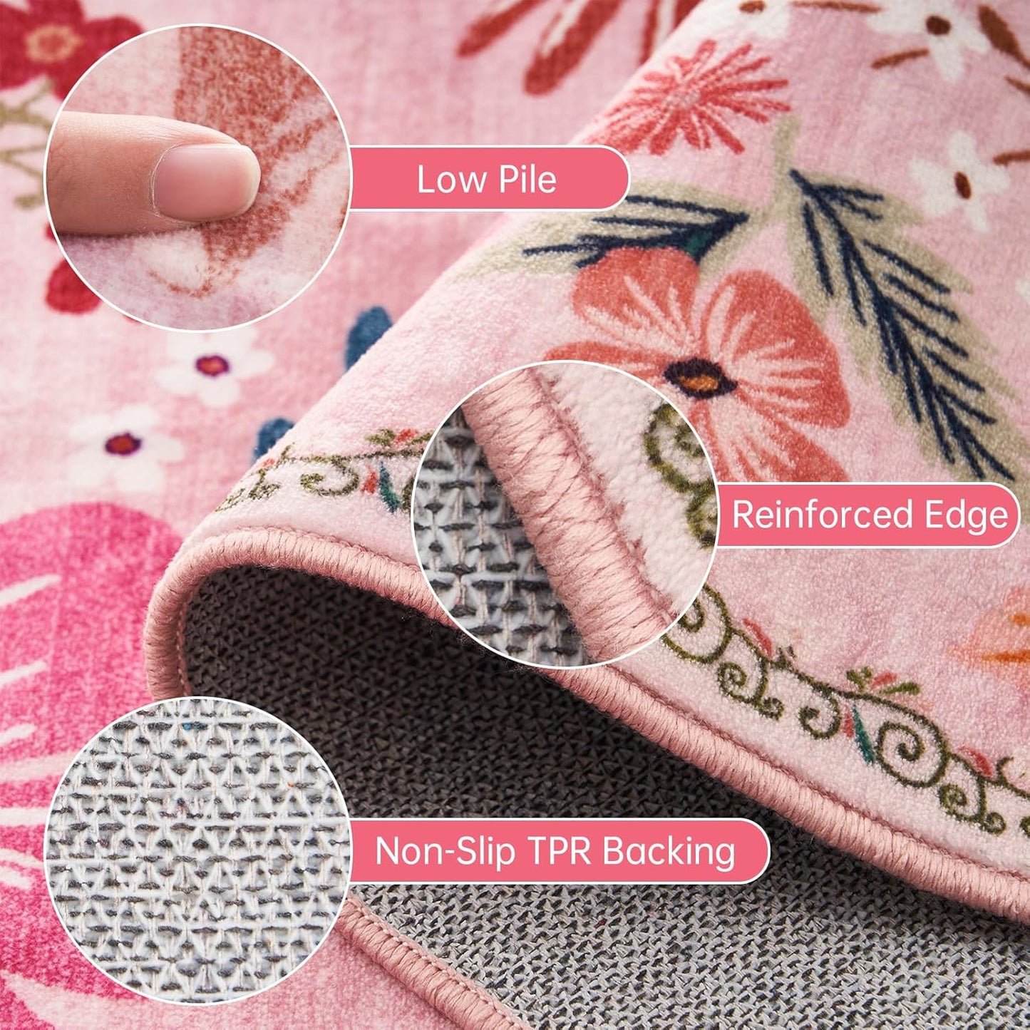 Nursery Rug for Baby Girl 4x6 Machine Washable Boho Floral Area Rugs Non Slip Low Pile Stain Resistant Pink Cute Rugs for Living Room Bedroom Dining Room Kids Room Farmhouse Family Room Office Patio