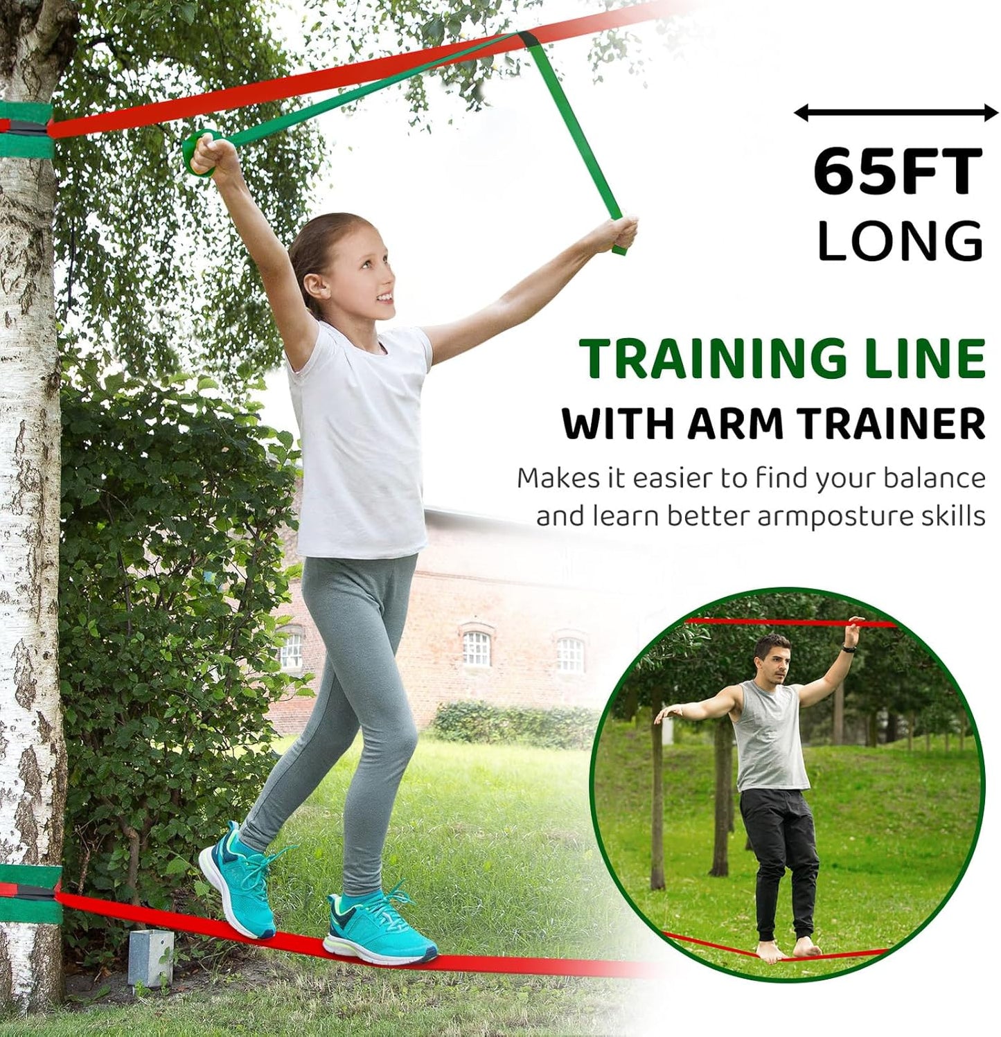 Ninja Warrior Obstacle Course for Kids Backyard - 2×65ft Slackline Kit with 10 Most Complete Accessories for Boys & Girls, Swing, Rope Ladder, Gymnastic Ring, Climbing Net, Arm Trainer and Monkey Fist