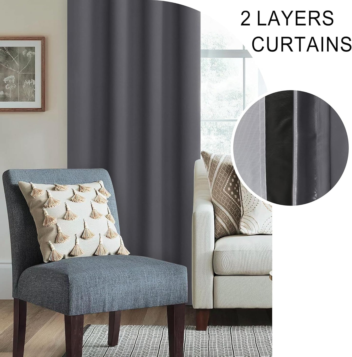 XWZO 100% Blackout Curtains 45 Inches Long with Tiebacks- Privacy Protection & Noise Blocking Rod Pocket Window Draperies with Black Liner for Bedroom/Living Room, Dark Grey, W52 x L45, Set of 2