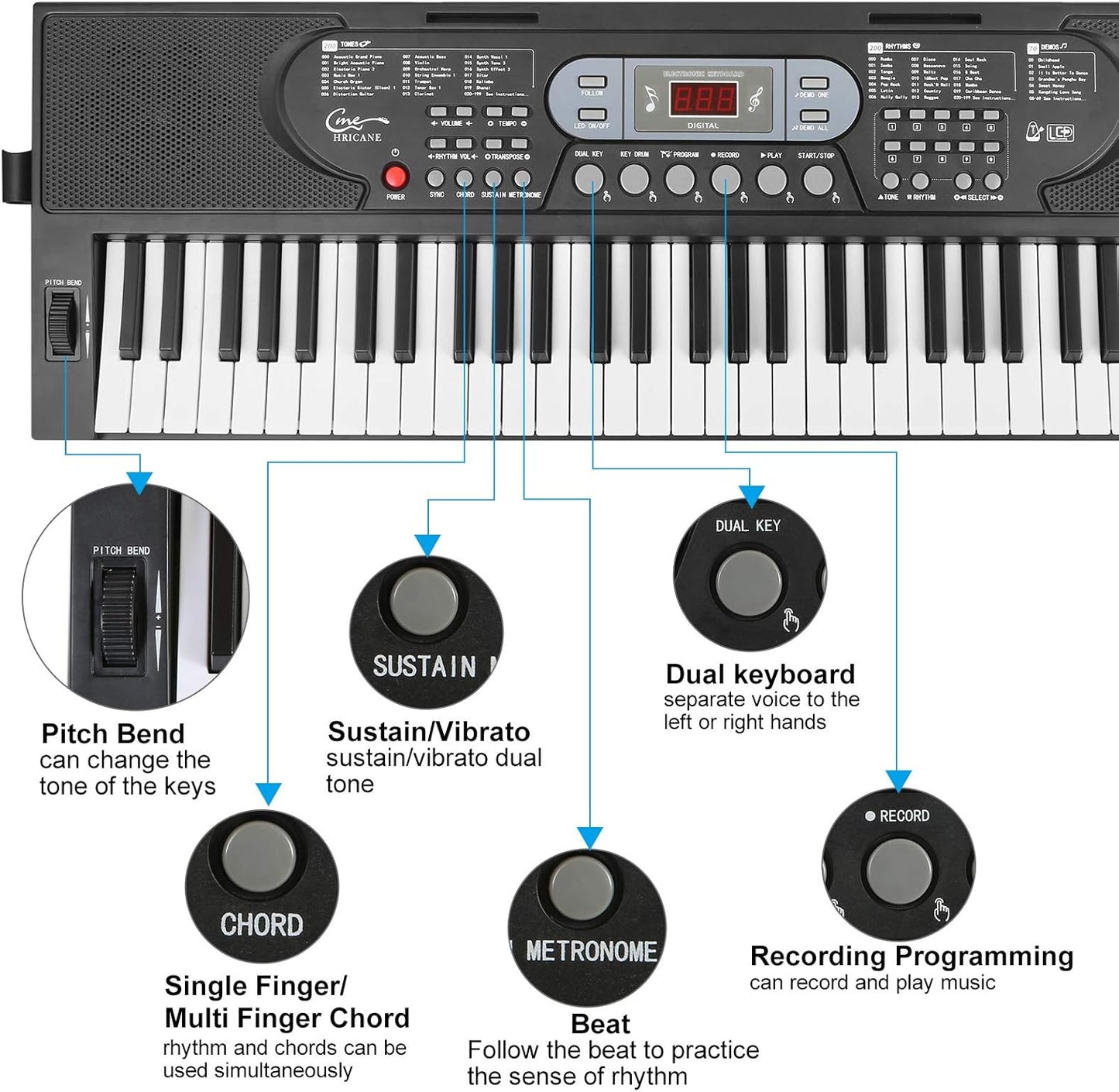 Hricane Keyboard Piano Lighted Keys for Beginner Adults Teens Kids, 61 Key Electronic Music Keyboard with Teaching Modes Powered by USB or Battery with LCD Display Microphone Headphone Jack
