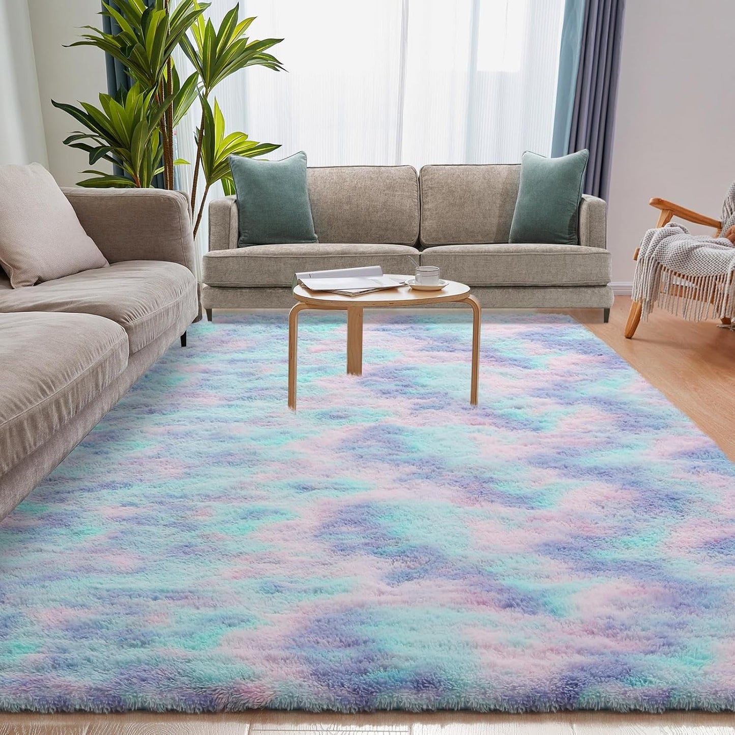 Rainbow Rug for Girls Room, 9x12 Fluffy Area Rugs for Bedroom, Colorful Kids Rug Cute Anti-Skid Indoor Carpet for Nursery, Living Room, Playroom, Home Decor