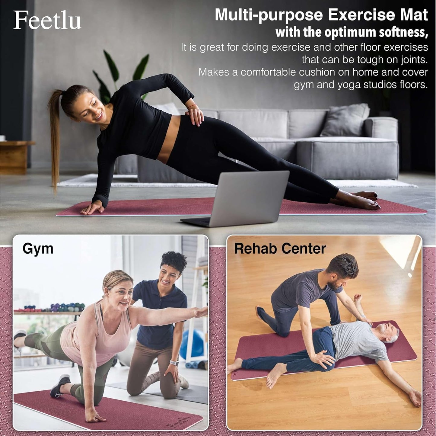 Extra Thick Exercise Yoga Mat with Strap - 2/5 Inch (10MM), Non-Slip Workout Mat for Yoga, Pilates, and Floor Exercises