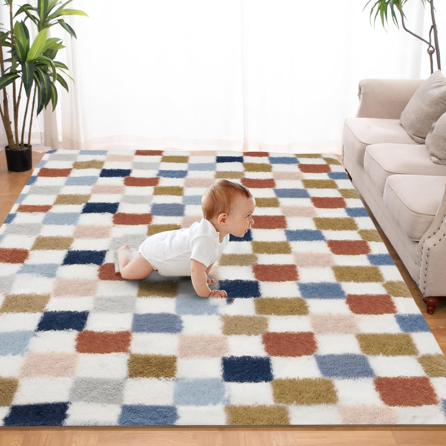 Super Soft Rug for Bedroom, 3x5 Ft Rainbow Area Rug Classic Checkered Shaggy Rug Anti-Skid High Pile Soft Fluffy Fuzzy Carpet for Living Room Bedroom Kids Room Nursery, Dorm Home Decor