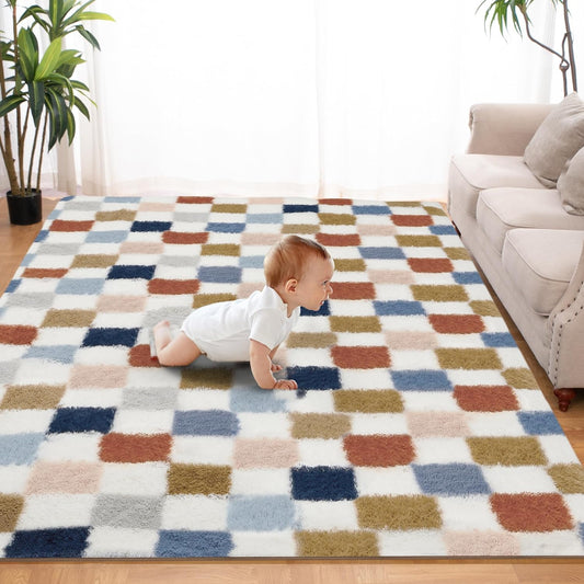 Super Soft Rug for Bedroom, 3x5 Ft Rainbow Area Rug Classic Checkered Shaggy Rug Anti-Skid High Pile Soft Fluffy Fuzzy Carpet for Living Room Bedroom Kids Room Nursery, Dorm Home Decor