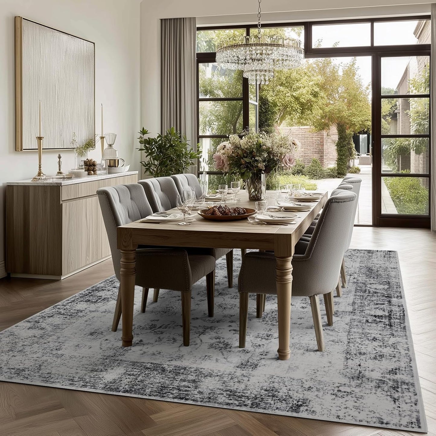 9x12 Area Rug Living Room Rugs, Stain Resistant Washable Rug, Vintage Large Non-Slip Backing, Low Pile Lightweight Print Rug for Bedroom Dinning Room Home Office (White/Grey)