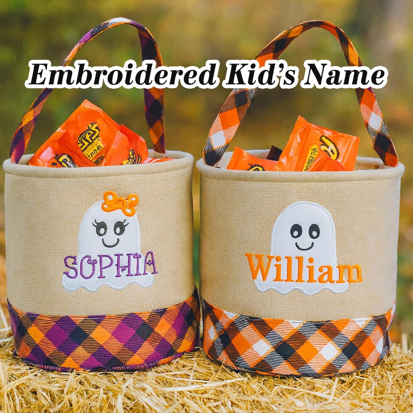 Personalized Halloween Trick or Treat Bag with Name – Custom Embroidered Candy Bucket for Kids, Cute Ghost Design Basket, Reusable Fabric Canvas Pumpkin Tote Gifts for Boys & Girls (Ghost)