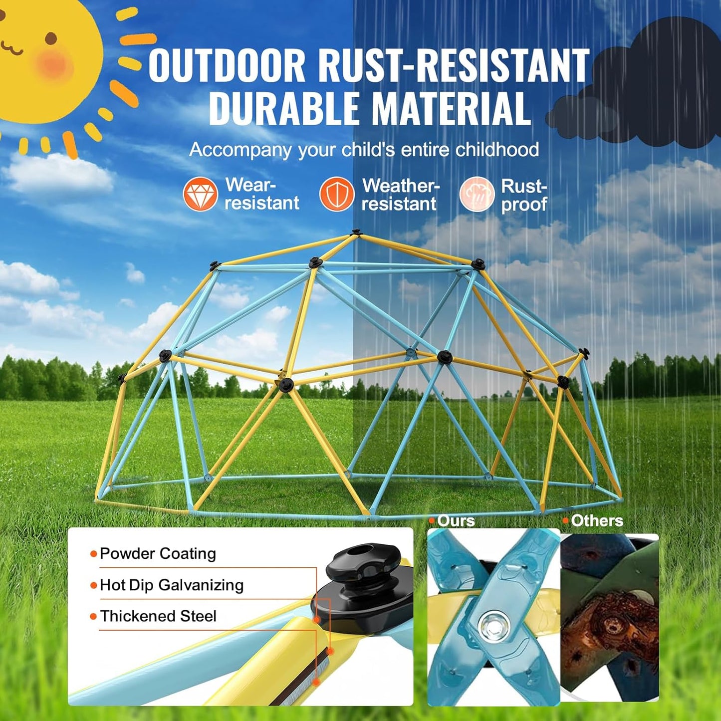 VEVOR Climbing Dome, 12FT Geometric Dome Climber Play Center for Kids 3 to 10 Years Old, Jungle Gym Supports 750LBS and Easy Assembly, with Climbing Grip, Outdoor Backyard Play Equipment for Kids