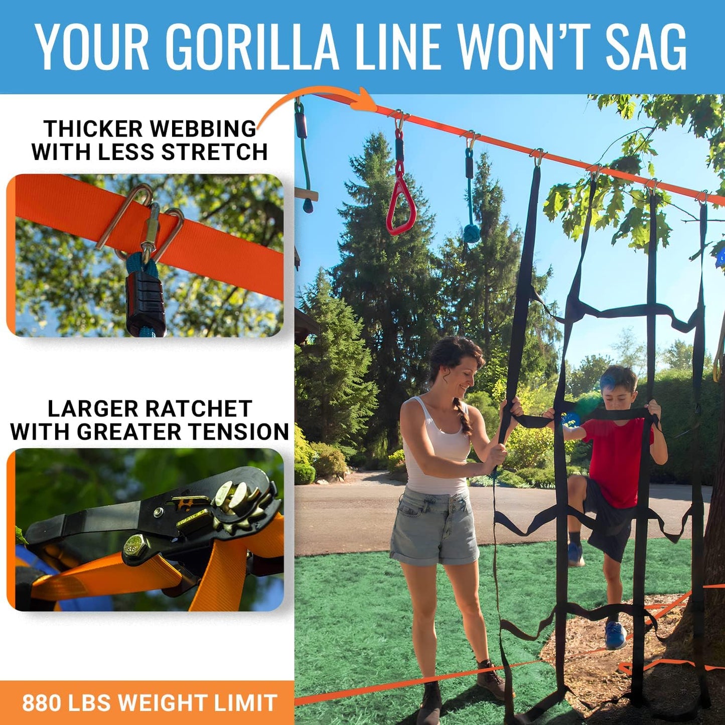Hyponix Ninja Obstacle Course for Kids – 2 x 60 ft Slacklines with 13 Weatherproof Obstacles – Monkey Net, Ratchet-Tight Tech, Supports 880 lbs – Climbing & Swinging Backyard Fun