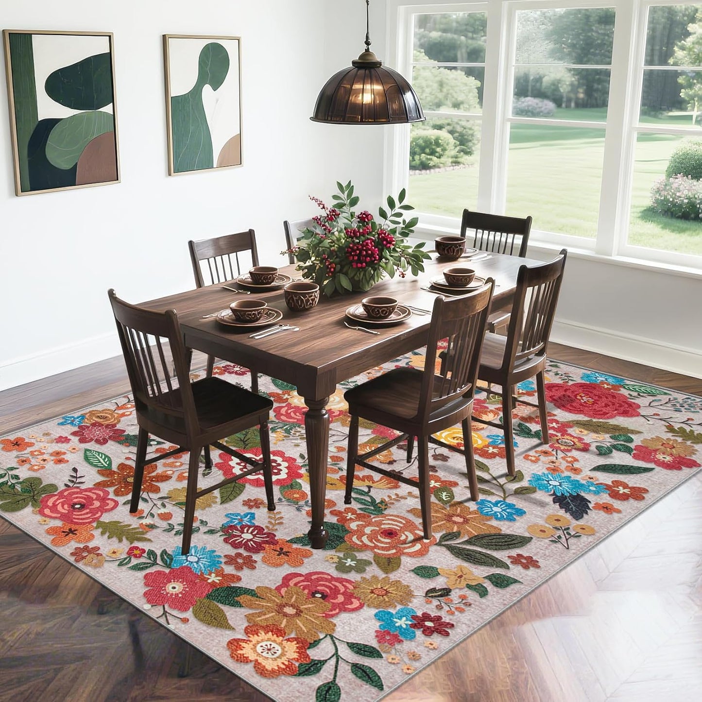 Area Rug Living Room Rugs: 6x9 Washable Rug Vintage Floral Soft Boho Non Slip Carpet Indoor Floor Non Shedding Low Pile Thin Carpets for Bedroom Dining Room Farmhouse Nursery Home Office Beige