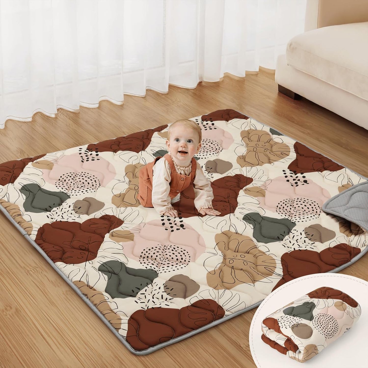 Blissful Diary Portable Baby Play Mats for Floor, Thicken Cushioned Foldable Baby Crawling Mat for Indoor Outdoor, Non-Slip & Washable Kids Playmat for Tummy Time Activity, Boho 43" X 43"