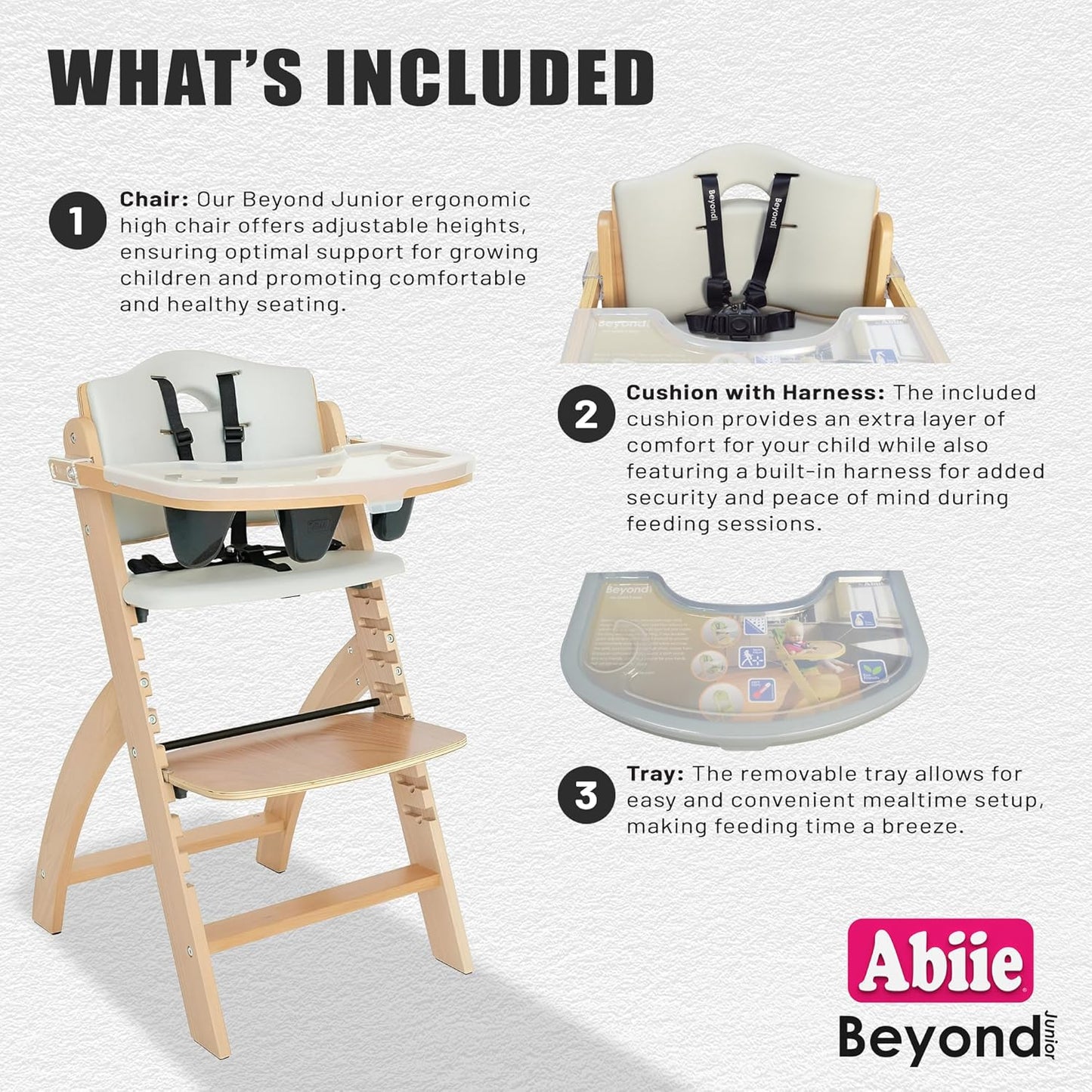 Abiie Beyond Junior Wooden High Chair with Tray - Adjustable and Convertible High Chair for Babies and Toddlers - 6 Months to 250 Lb - Water Resistant - Natural Wood/Dove Grey Cushion