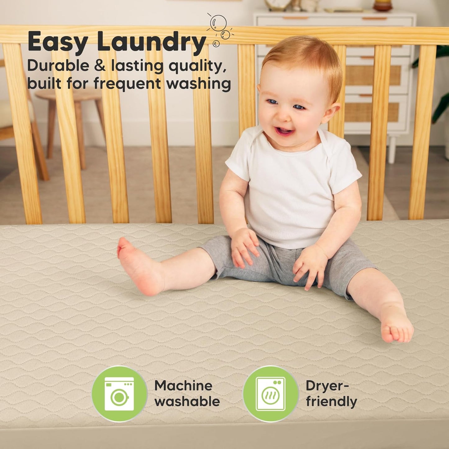 Waterproof Crib Mattress Protector Cover Fitted - 2-Pack Quiet Baby Crib Mattress Pad Sheets, 52" x 28" Soft Quilted Cotton Baby Sheet, Machine Washable, Easy Fit, Durable (Oat/Mavy)