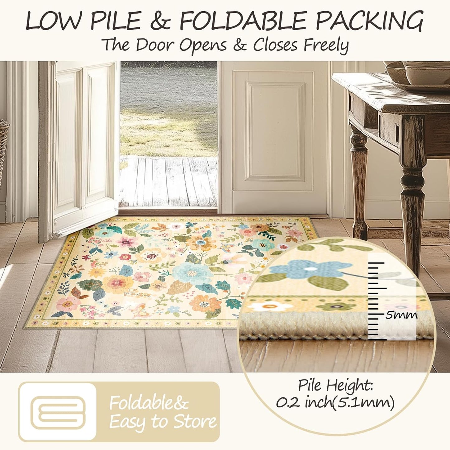 Floral 8ft Area Rug Machine Washable Soft Print Boho Carpet Non Slip Doormat Low Pile Flower Area Rugs for Living Room Bedroom Nursery Kitchen Dining Room Indoor-Ivory/Yellow