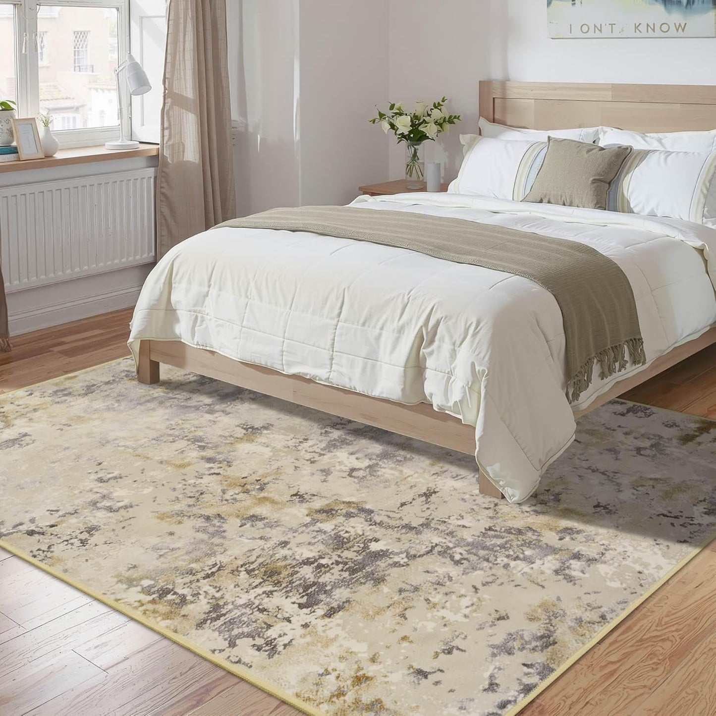 Nursery Rug for Baby Girl, 5x7 Beige Washable Rugs for Living Room Bedroom Dorm Non Slip, Stain Resistant Neutral Carpet Low Pile for Classroom, Dining Room, Kids Playroom