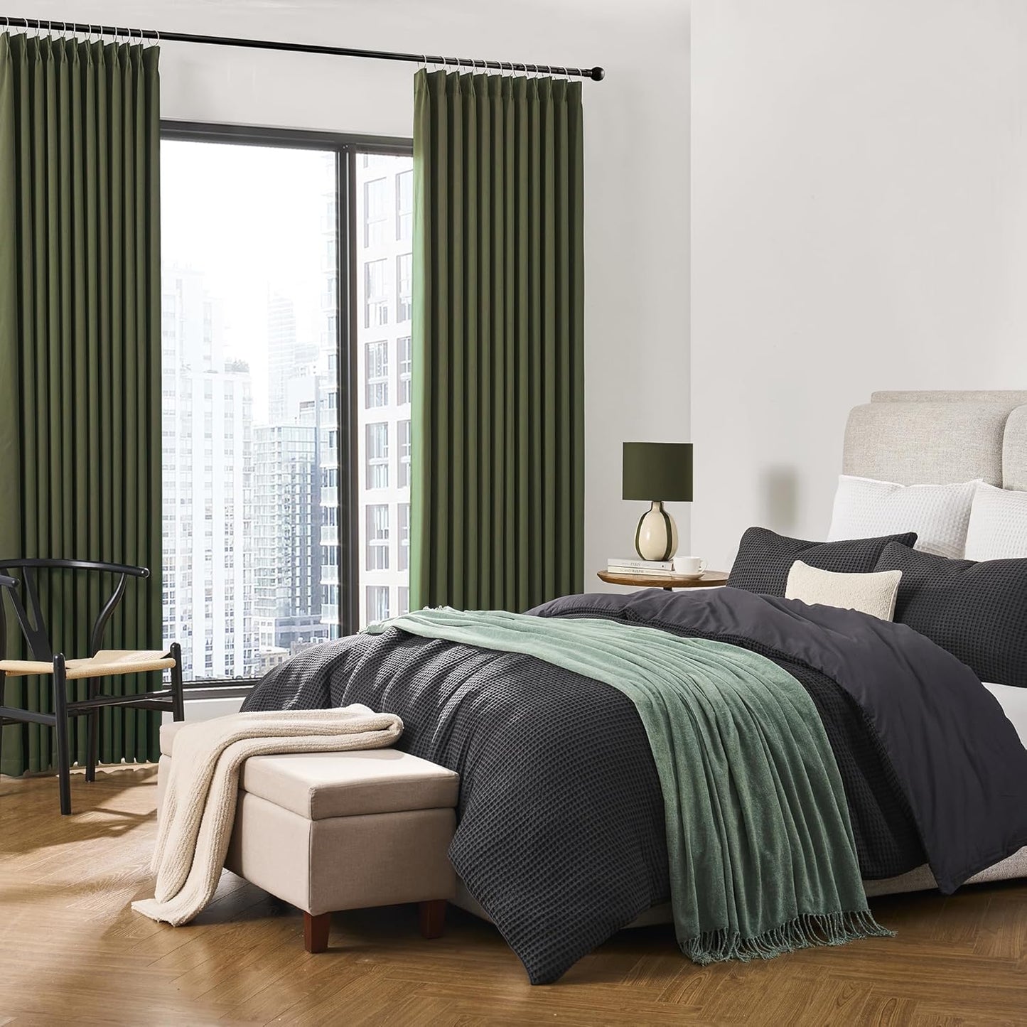 KEQIAOSUOCAI Olive Green Curtains Pinch Pleat wtih Hooks,Block Out Sound Reducing Light Blocking Window Drapes Thermal Curtain for Bedroom/Living Room 84 Inches Long, 40x84 2 PCs
