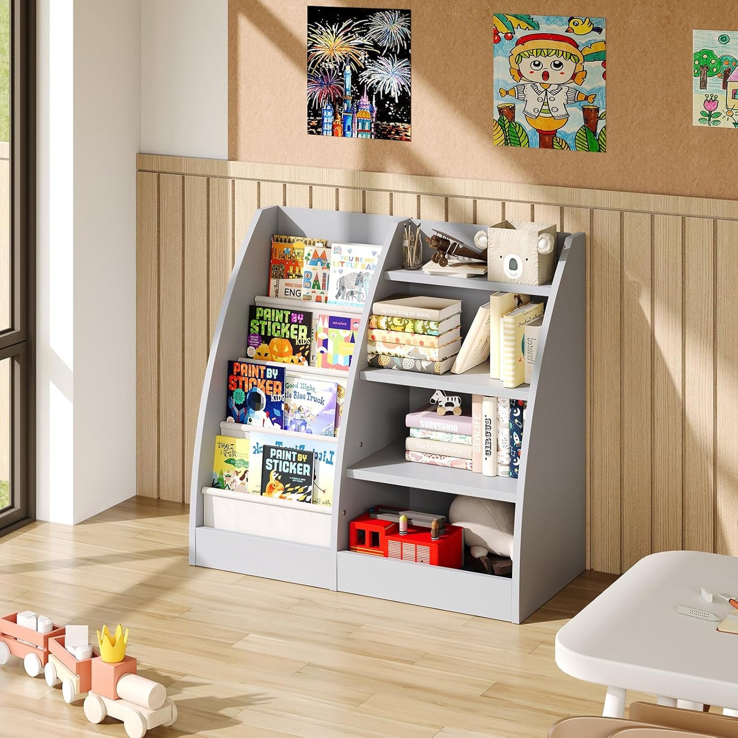 4 Tier Kids Bookshelf Set of 2,4 Layer Sling Kids Book Shelf for Kids Rooms,Wood Children Bookcase,Baby Storage Book Rack,Toddler Bookshelf, Book and Toy Organizer,Book Display Shelf for Nursery