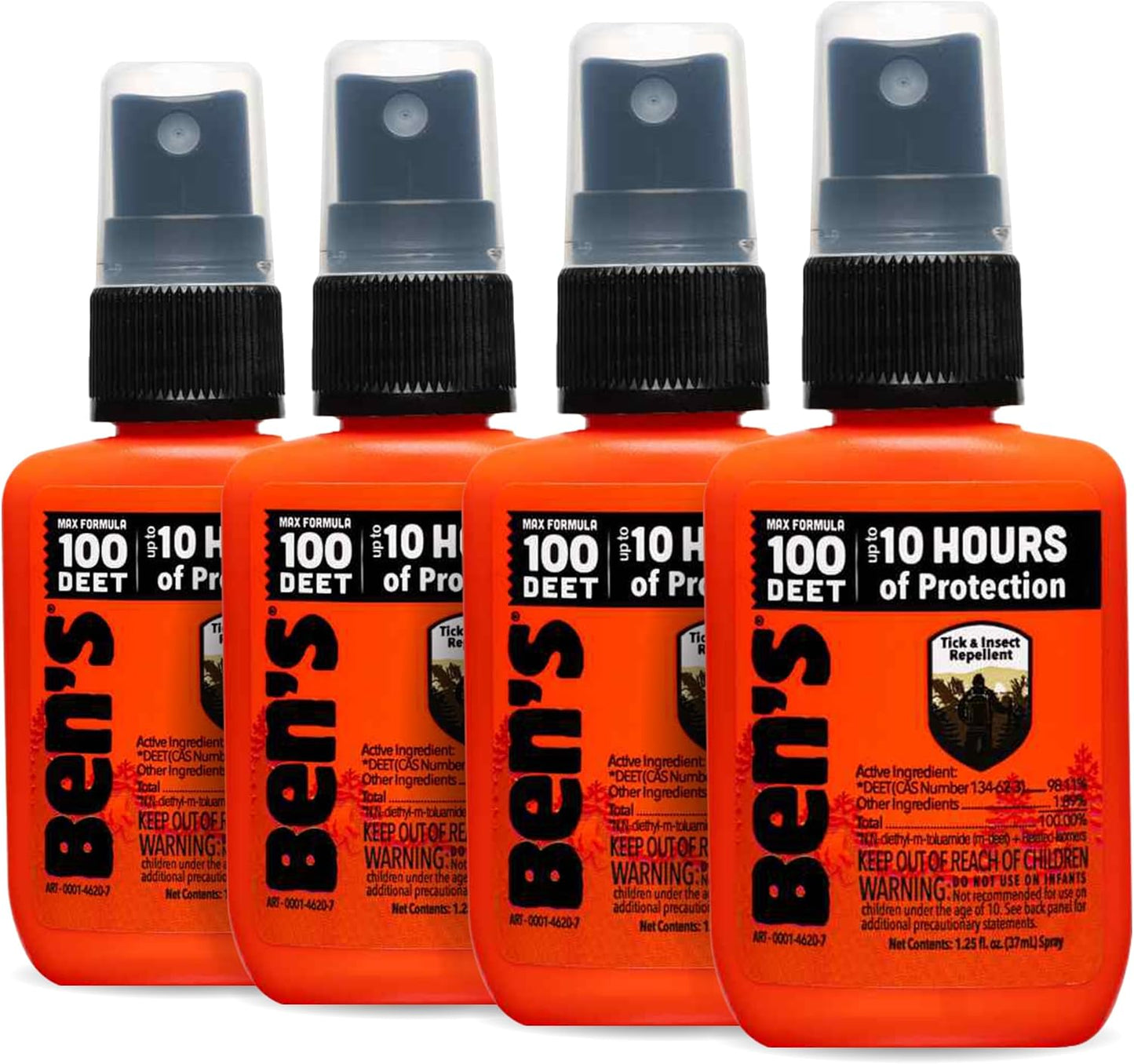 Ben's 100 Tick & Insect Repellent - Alcohol-Free DEET Insect Repellent Pump Spray - Offers 10 Hours of Protection for Adults & Children - 1.25 fl oz (Pack of 4)