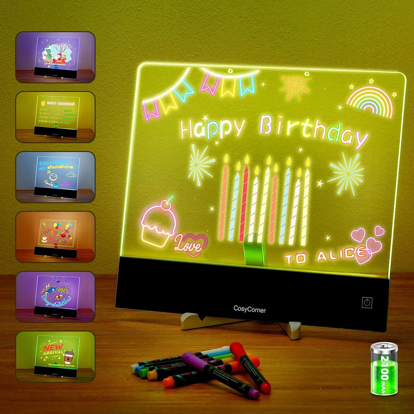 LED Drawing Board for Kids - Doodle Glow Note Board with Colors | Rechargeable Acrylic Dry Erase Board with Light & Touch Switch | 5H Battery, Glow Writing Pad for Toddlers & Artists
