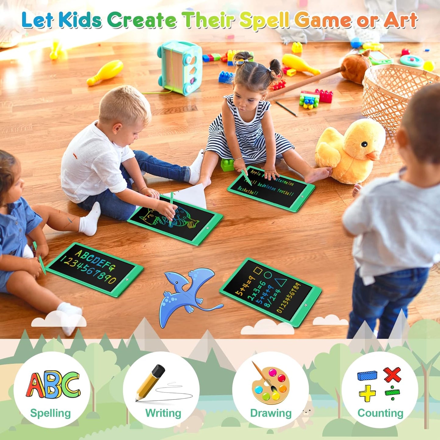FLUESTON LCD Writing Tablet, Doodle Board Toys Gifts for 3-8 Year Old Girls Boys, 10 Inch Colorful Electronic Board Drawing Pad for Kids, Gifts for Toddler Educational Learning Travel Birthday, Green