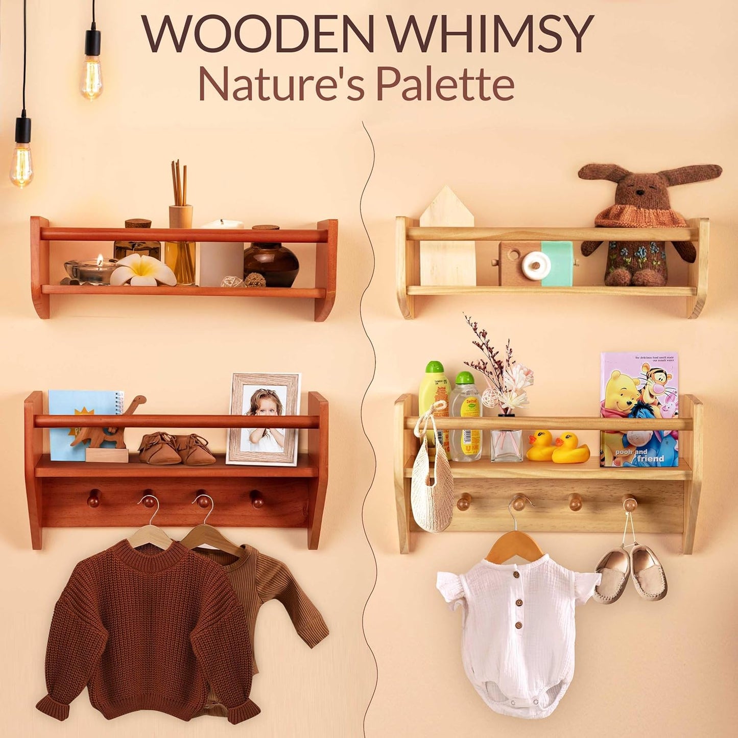 BINGY Nursery Book Shelves - Set of 2 Wall Shelves with Hooks for Clothes - 2-Tier Nursery Bookshelves Made from Solid Wood - 15.71" x 4.8" x 5.5" - Natural Wood