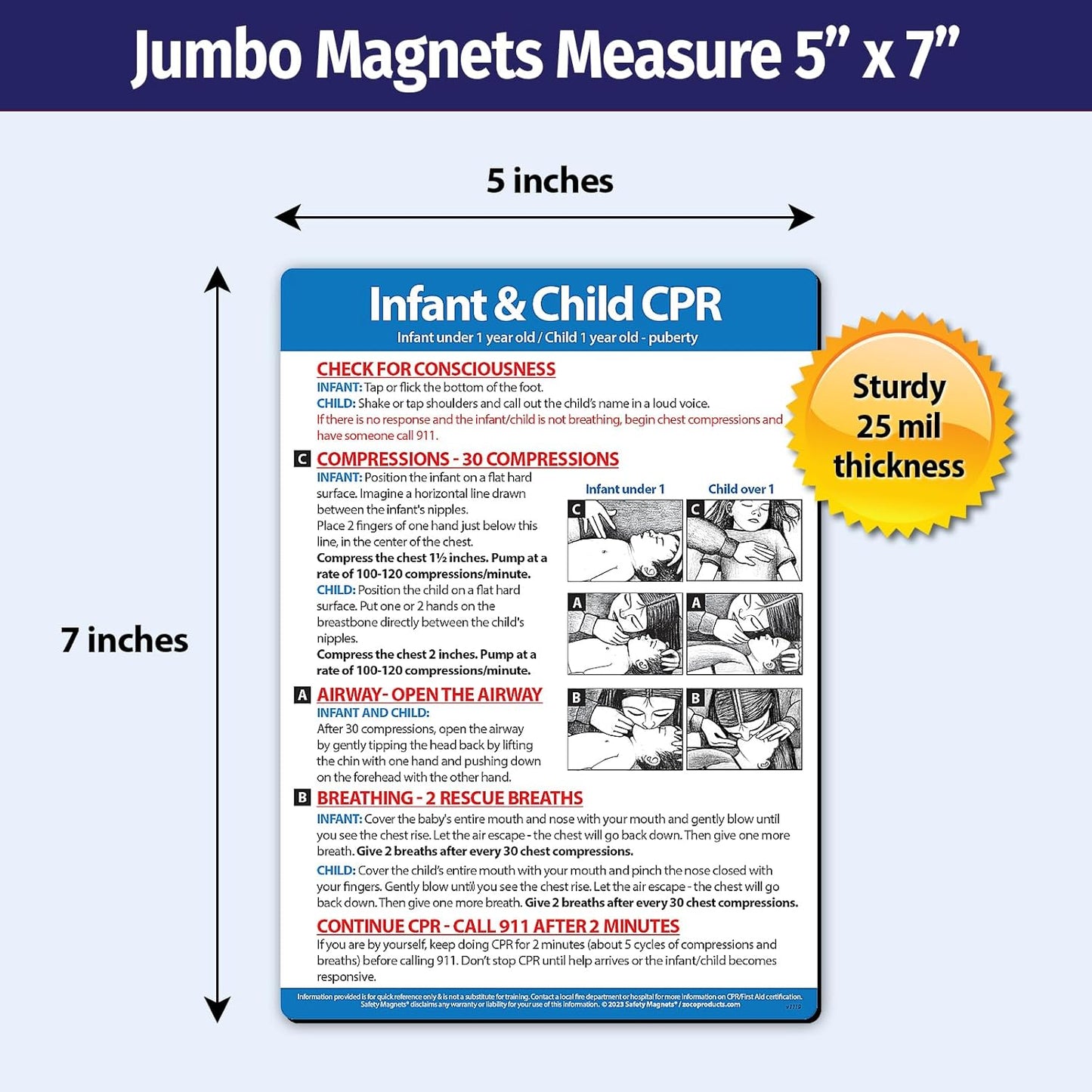 Safety Magnets by ZOCO – Infant and Child CPR Magnet (2-Pack) – 5"x7" Emergency First Aid Guide with Step-by-Step Instructions – CPR Reference for Homes, Daycares, Schools, and Parents