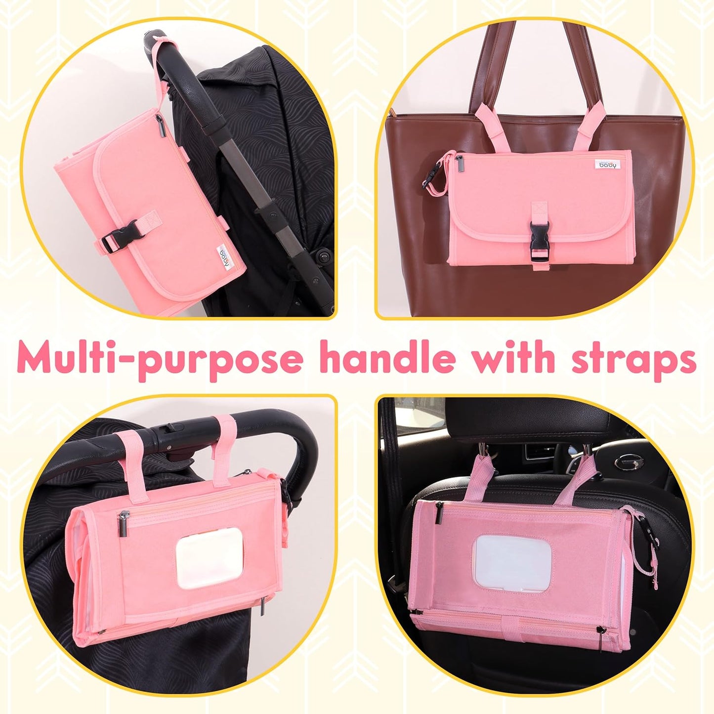 Kopi Baby Portable Diaper Changing Pad - Baby Diaper Changer Travel Bag with Wipes Pocket, Smart Design Portable Changing Mat, Infant Travel Station Kit, Gift for Newborn Girl & Boy - Pink, Classic