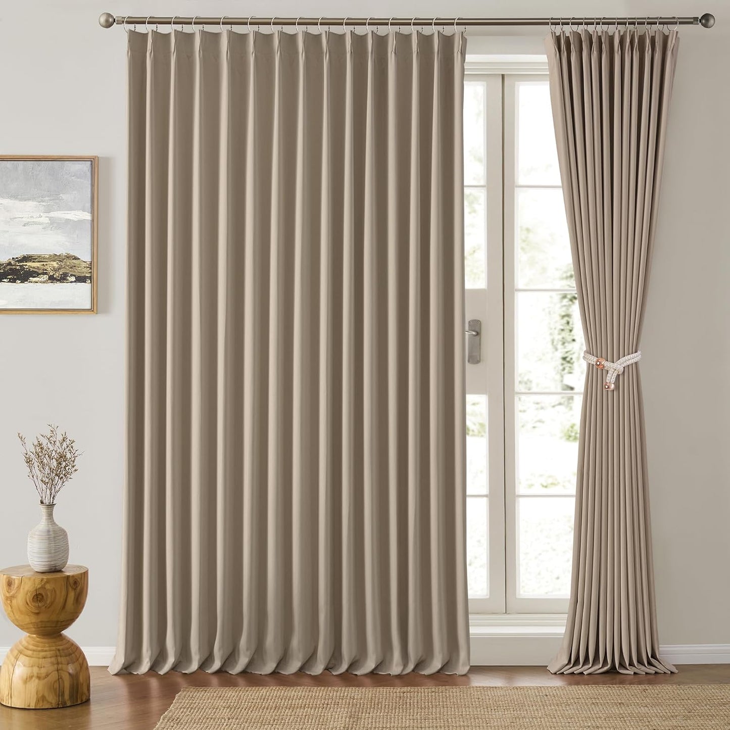 Pinch Pleated Patio Sliding Door Curtains 102 Inch Length, Blackout Room Divider Vertical Blinds Curtain Drapes for Living Room Dining Room French Door(Khaki, 100 Inch Wide per Panel, 2 Panels)