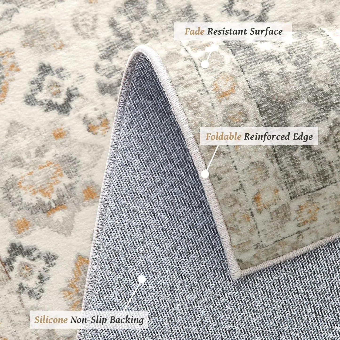 Washable 9x12 Area Rugs for Living Room, Boho Non-Slip Silicone Backing Rugs for Bedroom Dining Room Nursery Office, 0.3" Neutral Oriental Throw Carpet with 0.16" Cushioning Pad, Grey/Multi