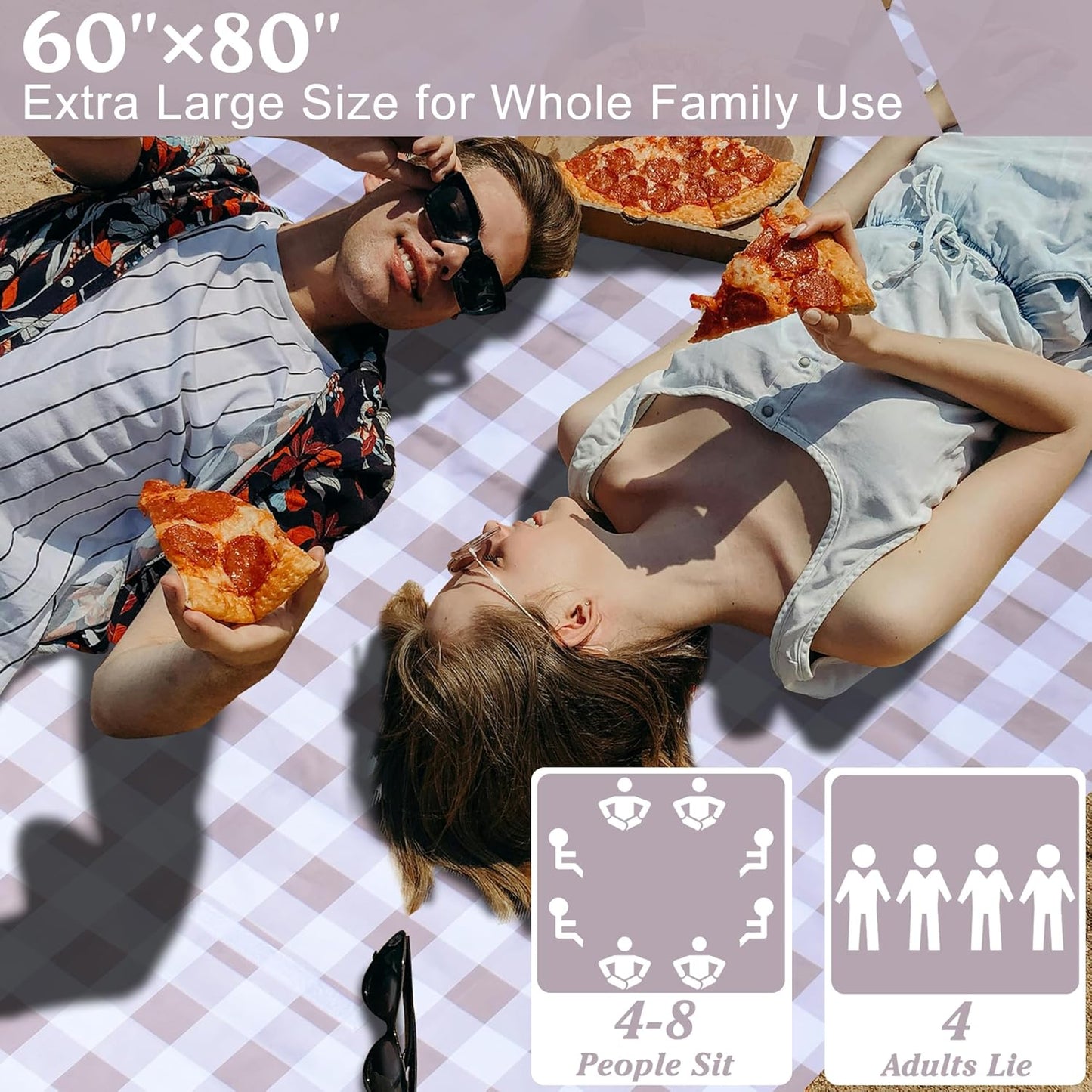 80"x60" Waterproof Sandproof Picnic Mat - Portable Foldable Outdoor Blanket for Beach, Park, Travel & Indoor Use - Lightweight Compact Design, Easy-Carry (Light Brown)