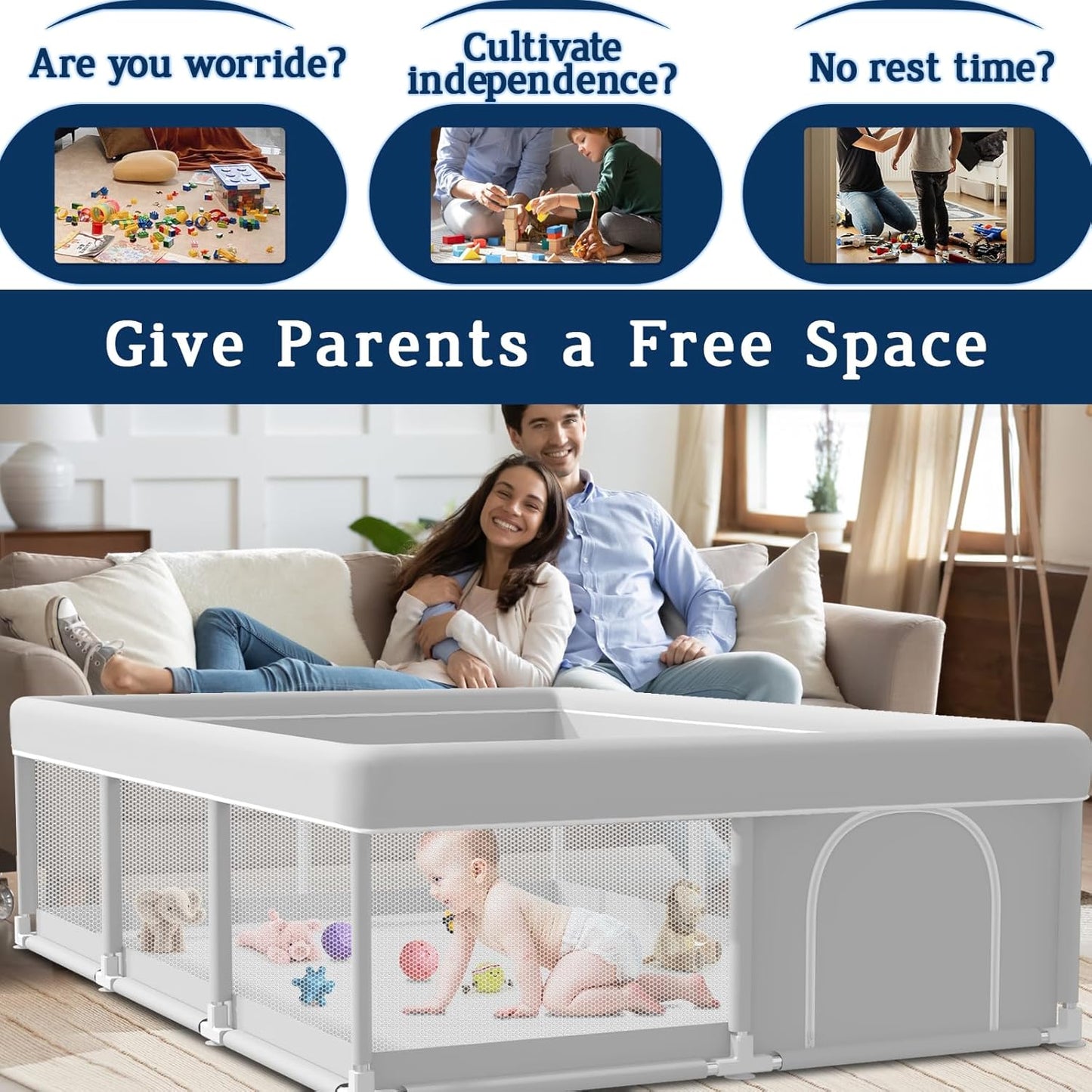 Baby Playpen 74x50 Inch, Playpen for Babies and Toddlers, Play Pen Indoor & Outdoor Active Center, Sturdy Safety Playard with Anti Slip Suction Cups, Skin-Friendly Fabric, Large Space Baby Fence