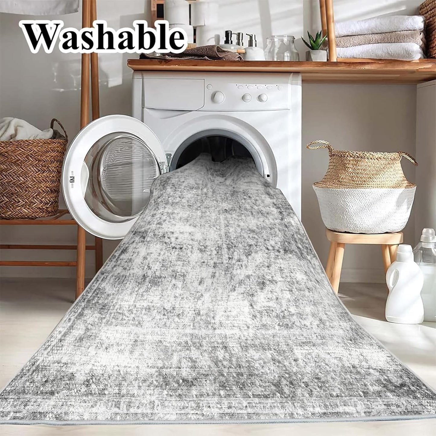 5x7 Washable Area Rug Gray Vintage Traditional Floor Cover Foldable Thin Kitchen Accent Indoor Distressed Non Slip Carpet Floral Print Mat Bedroom Living Room Bathroom