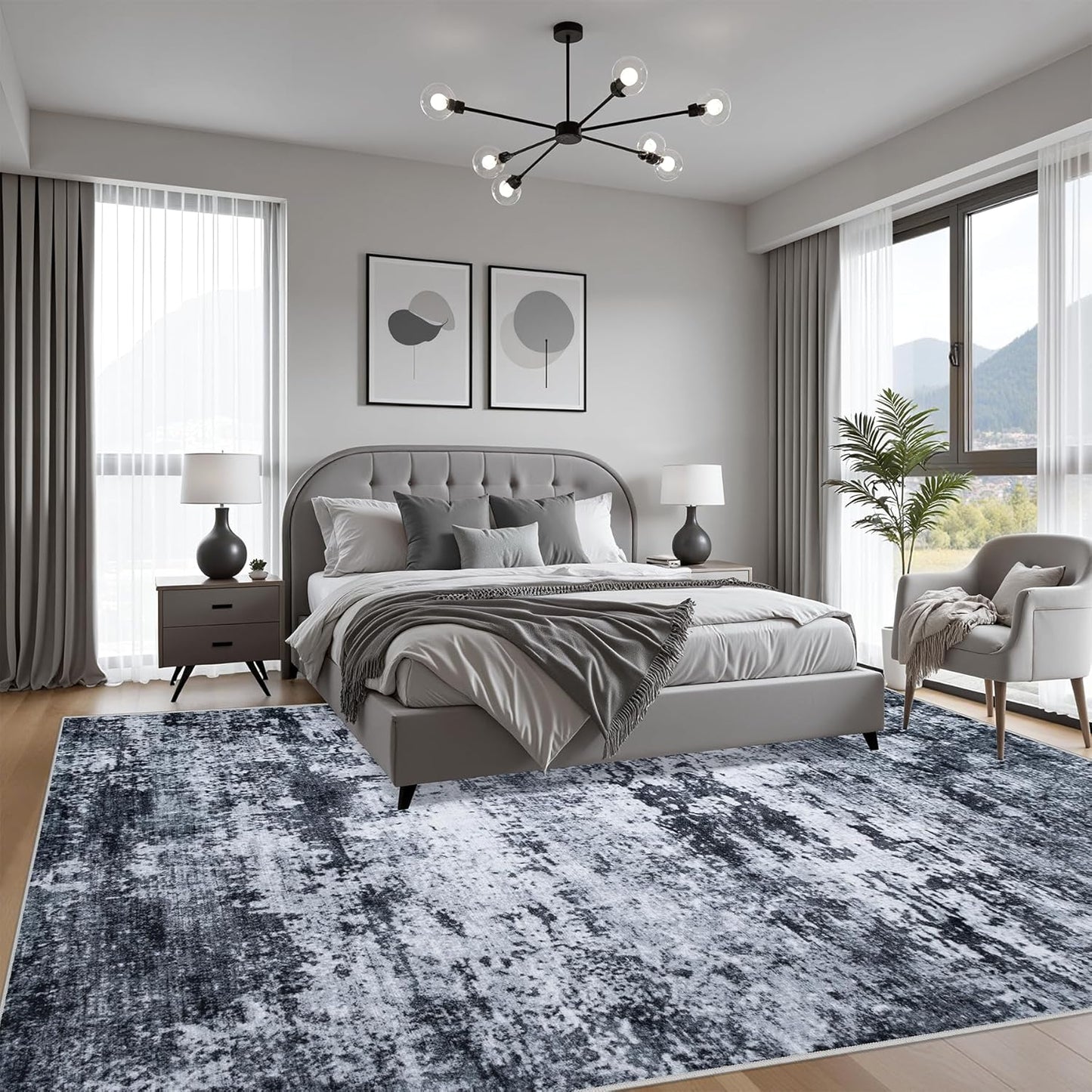 6x9 Area Rug Living Room Rug: Washable Modern Abstract Soft Thin Rug Indoor Floor No Slip Stain Resistant Carpet for Bedroom Dining Room Farmhouse Nursery Home Office - Black