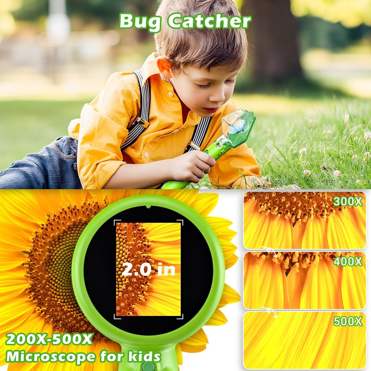 2 in 1 Kids Microscope with Bug Catcher,HD 500X Digital Microscope for Kids with 2" Screen,Photo and Video,STEM Educational Science Kit Learning Toys for Age 3-12 Girls & Boys Birthday Gifts (Green)