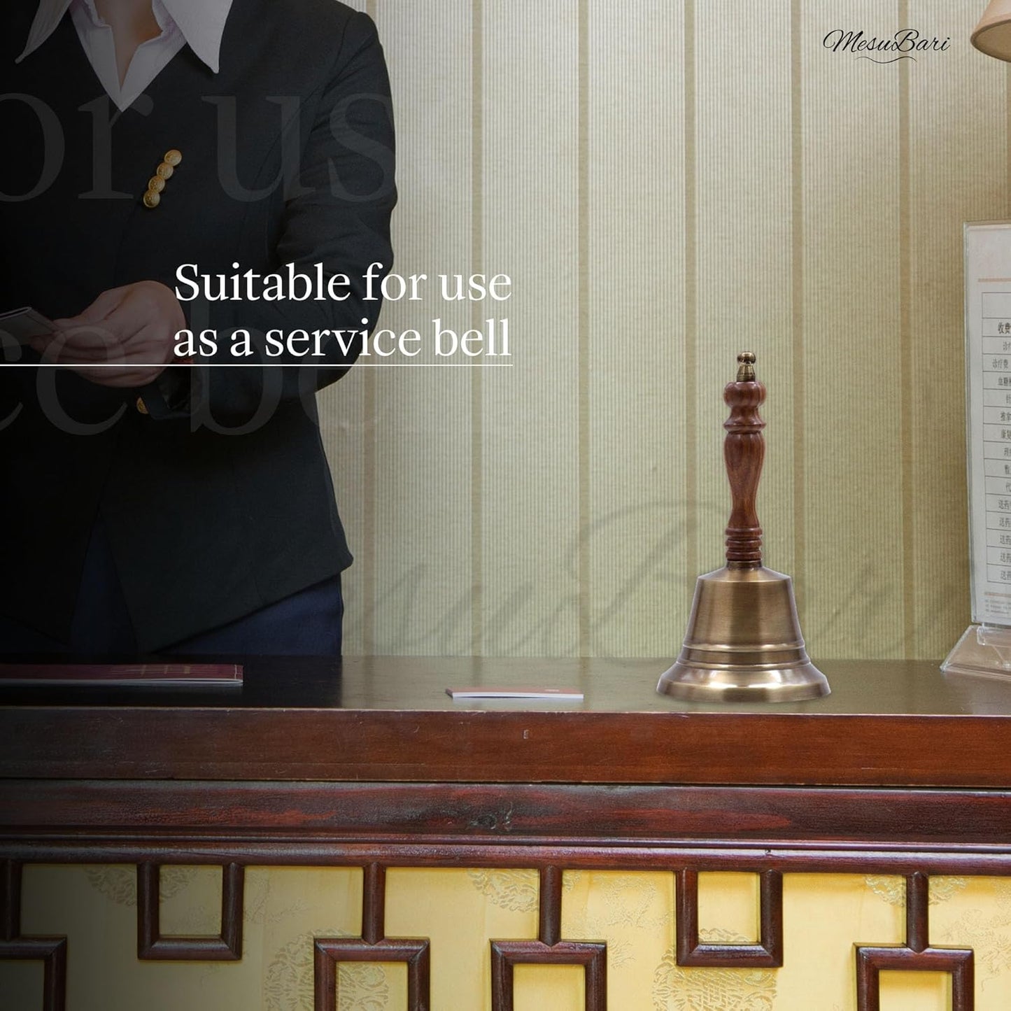 Premium Solid Brass Service Bell Handheld Loud Call Bell with Wooden Handle for Church Restaurant Hotel Reception Office Event Holiday Use Brass Finish 1 Piece 8 Inch by 4 Inch