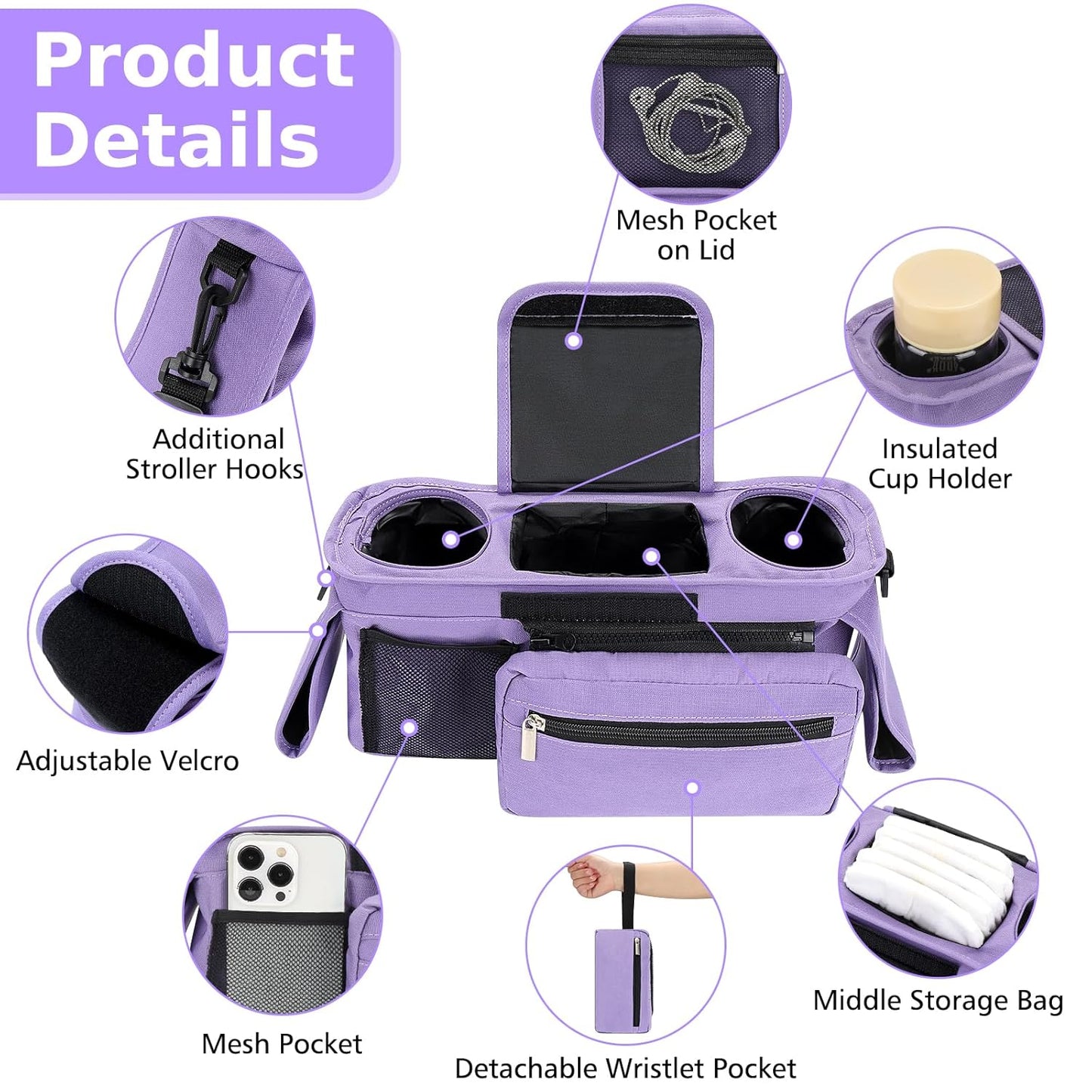 Accmor Universal Stroller Organizer with Insulated Cup Holder Detachable Phone Bag and Shoulder Strap,Stroller Bag Caddy Organizer Fits for Uppababy, Baby Jogger, Britax Strollers