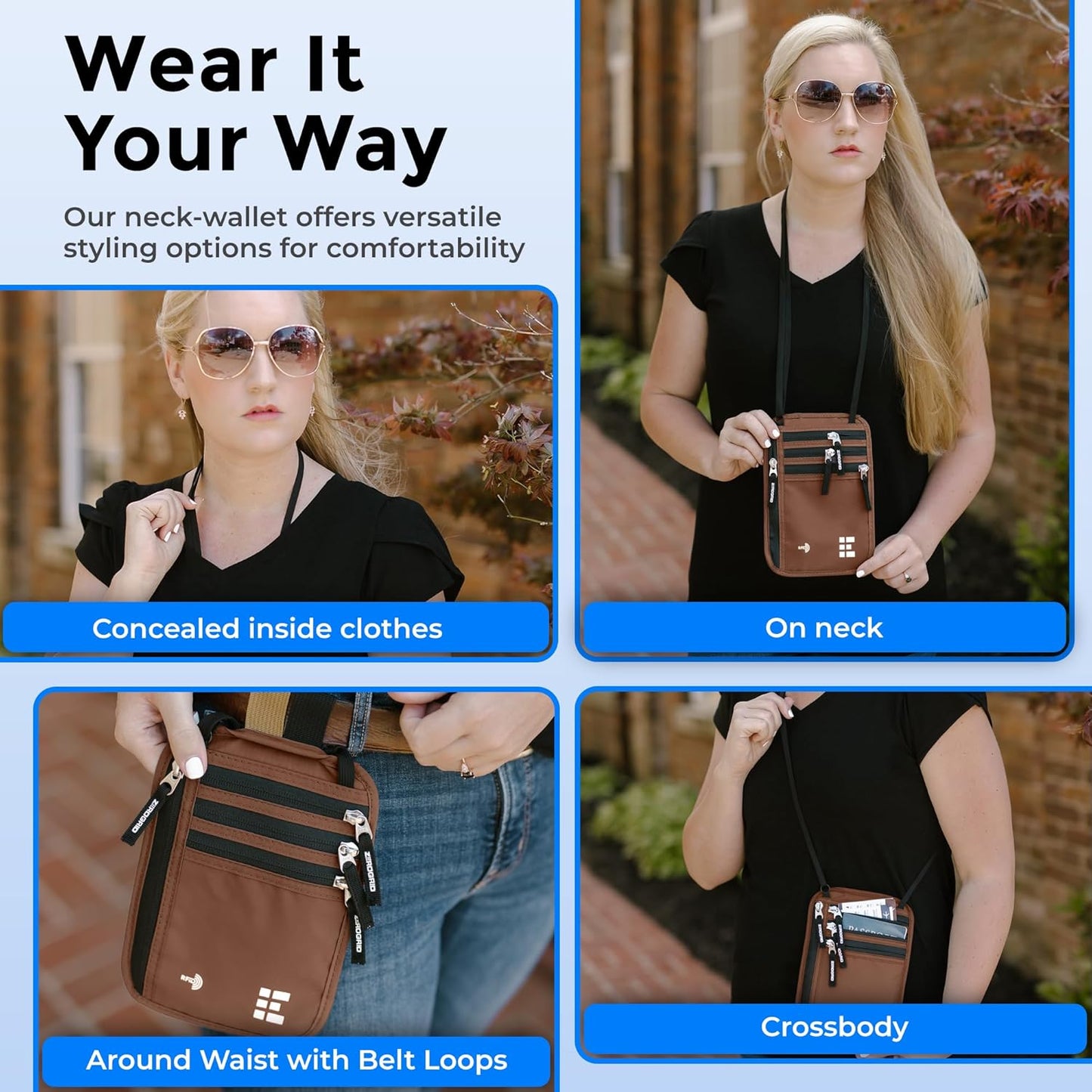Neck Wallet for Travel & Passport Holder with RFID Blocking - Slim & Easy to Conceal Nylon Travel Pouch for men & women - Holds Phone, Cash, Cards, Keys - Sweat & Water Resistant - Large - Mocha
