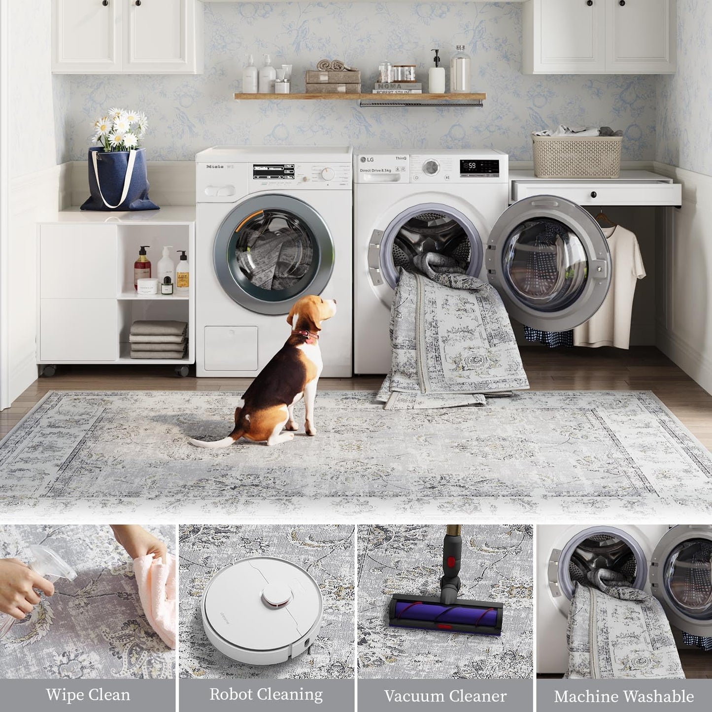 jinchan 8x10 Area Rugs for Living Room - Machine Washable Vintage Floral Distressed Design Stain Resistant Boho Carpet Low Pile Non-Slip Rug for Bedroom Dining Room Home Office (8‘x10',Grey)