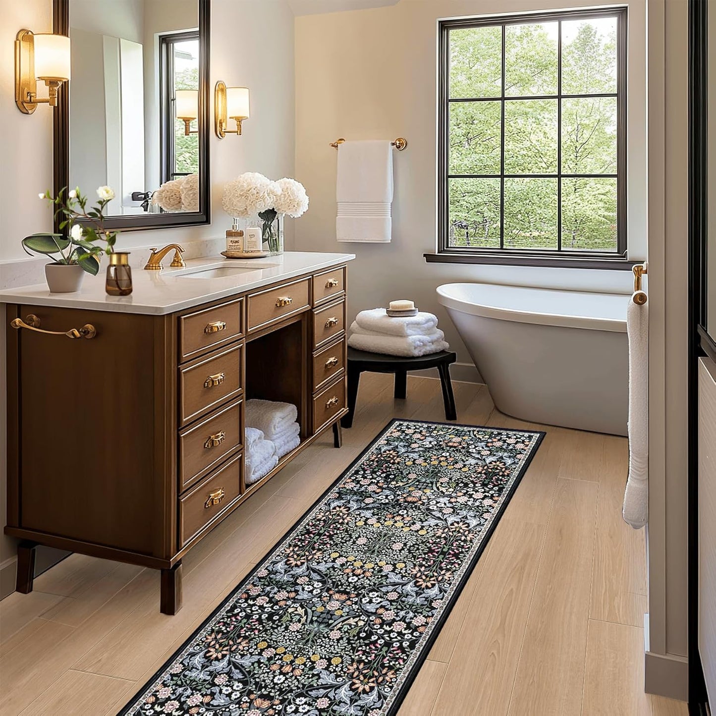 Runner Rug for Entryway: 2x6 Kitchen Rugs Non Slip Washable Ultra-Thin Soft Floral Carpet Indoor Stain Resistant Carpets for Hallway Bedroom Kitchen Laundry Bathroom Dorm Dark Black