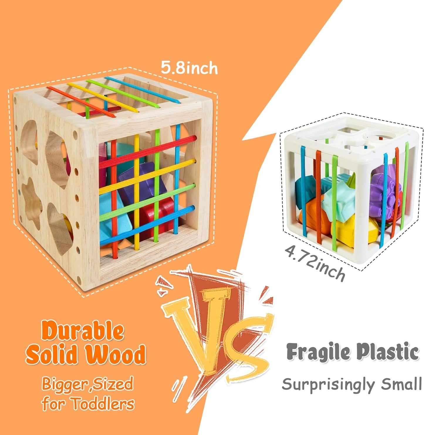 Montessori Toys for 1+ Year Old, Wooden Sorter Cube with 8pcs Rattling Shapes, Developmental Learning Toy Gifts for Baby Toddler Boys Girls, Gift Packaging