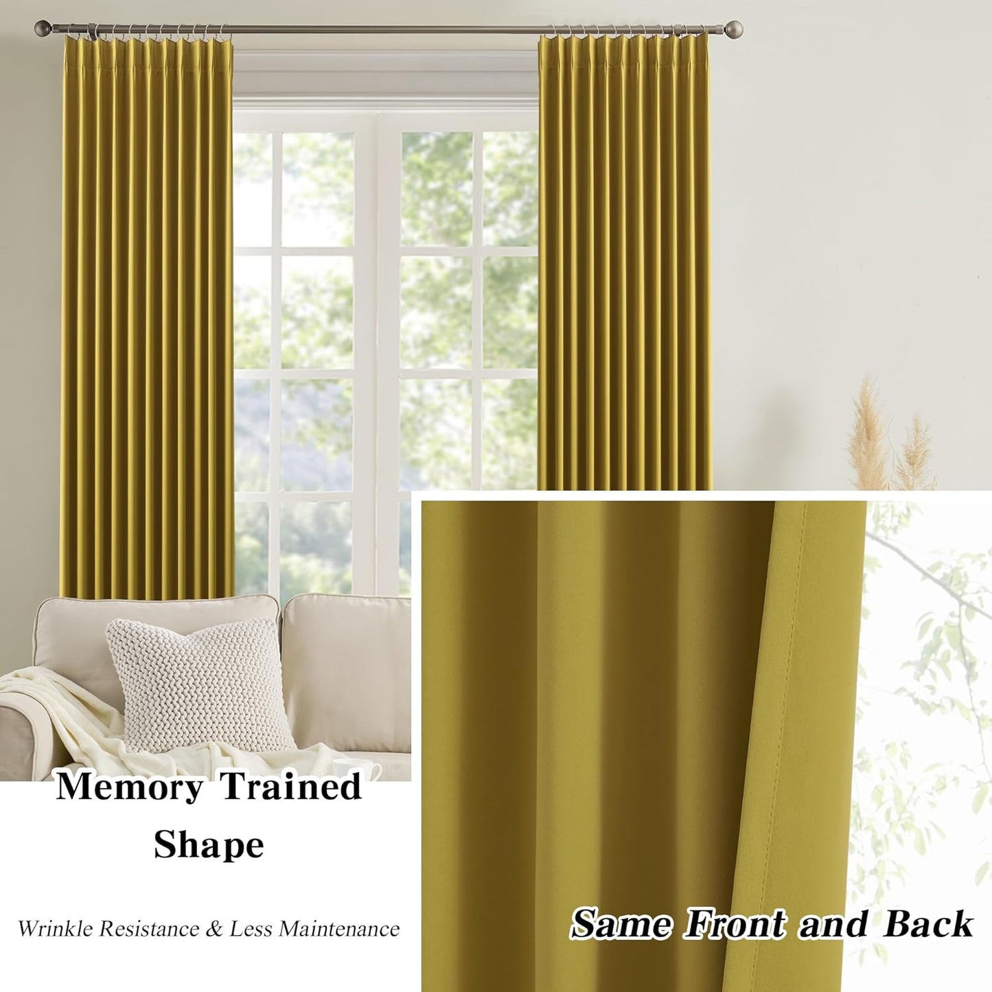 KEQIAOSUOCAI Yellow Pinch Pleated Curtains 102 Inch Length 2 Panels Set Noise Cancelling Window Drapes for Nursery Bedroom Living Room 40x102