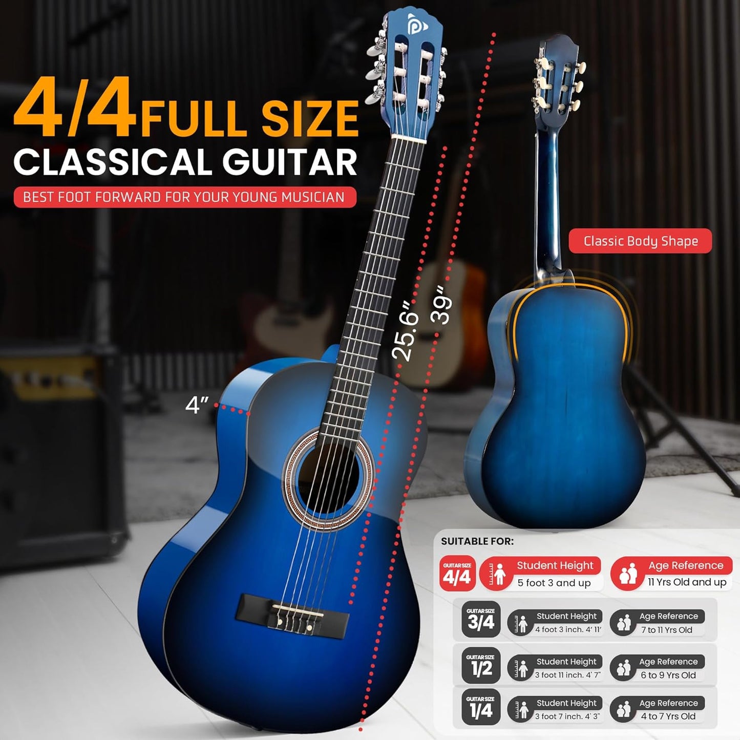 Pyle Beginner Acoustic Guitar Kit, 4/4 Full Size All Wood Build Nylon String Instrument with Capo, Strap, Extra String Set, Gig Bag, Guitars for Beginners Adults Youth, 39" Blue Burst Gloss