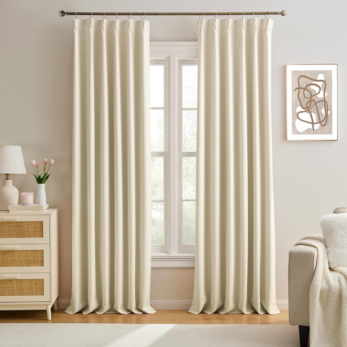 KEQIAOSUOCAI Extra Long Large Viral Pinch Pleat Cream Beige Curtains 132 Inch Long with Hooks Sound Deadening 11 ft Length Cute Curtains & Drapes for Living 130 Inch Window W40 x L132 x 2Panels