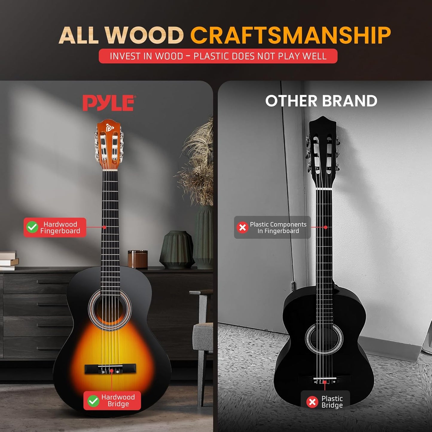 Pyle Beginner Acoustic Guitar Kit, 3/4 Junior Size All Wood Build Nylon String Instrument with Capo, Strap, Extra String Set, Gig Bag, Guitars for Beginners Adults Youth, 36" Sunburst Teardrop Gloss