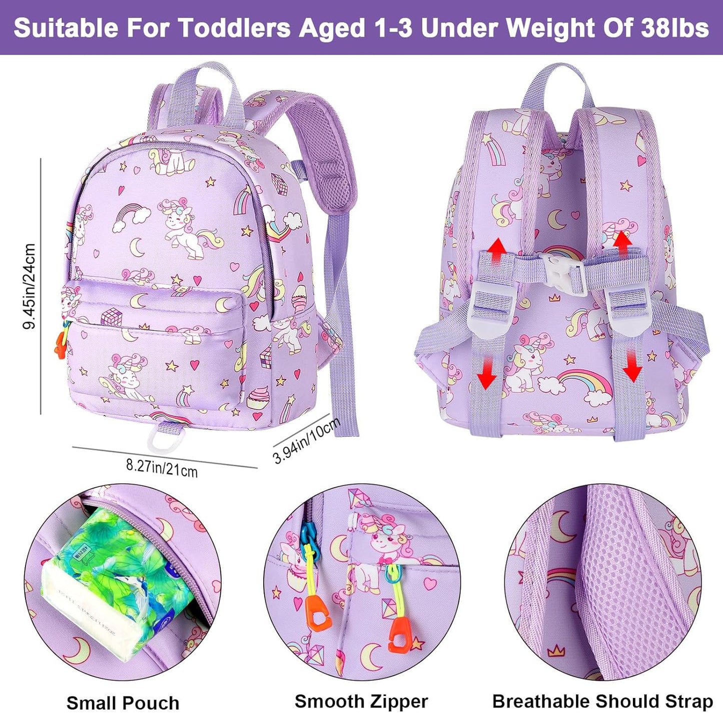 Accmor Toddler Backpack Leash with Anti Lost Wrist Link, Cute Mini Child Walking Harnesses Keep Kids Close Back Pack Rope Tether Rein for Baby Boys (Purple/Unicorn)