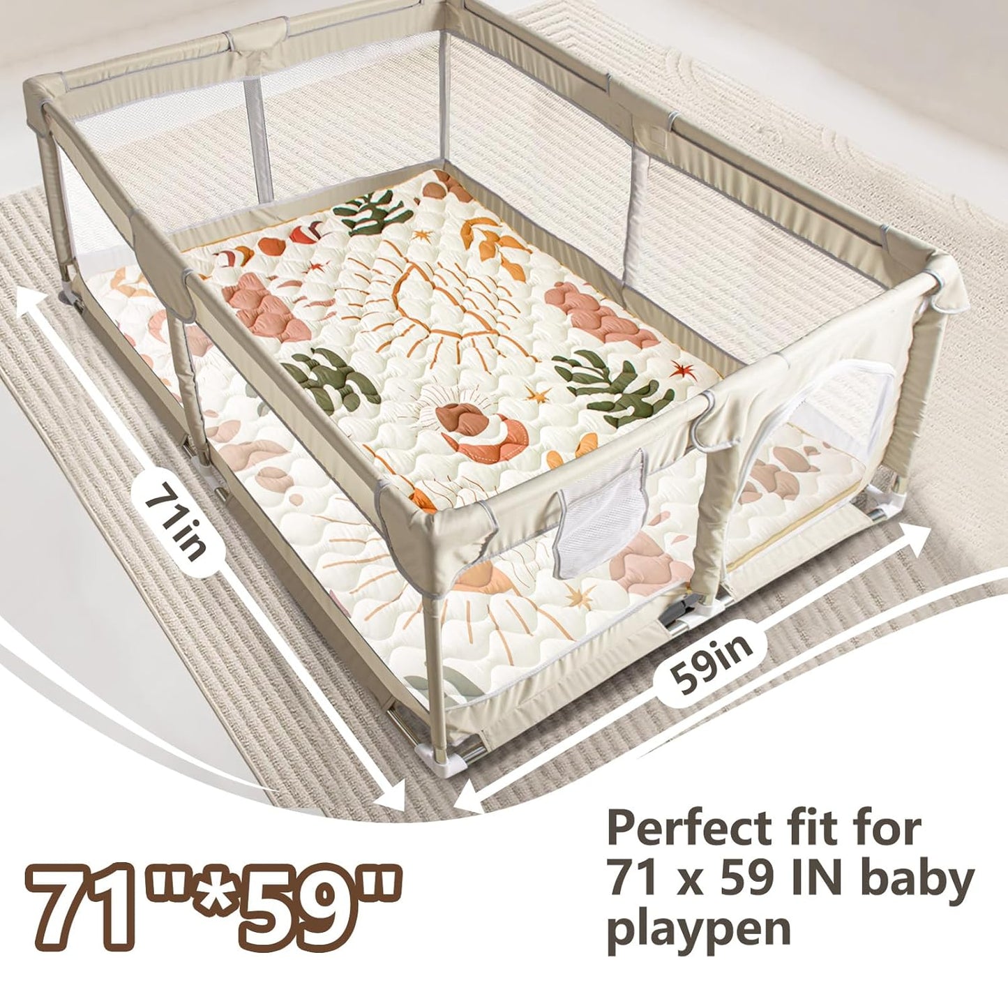 Baby Play Mats for Floor, 71”x59” Upgraded Thickness & Larger Super Soft Playmat for Babies and Toddlers, Foldable Washable, Upgrade Anti-Slip Crawling Mat for Playpen(Boho Nature)