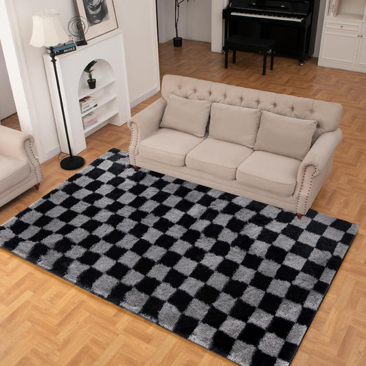 Super Soft Rug for Bedroom, 8x10 Ft Grey and Black Area Rug Classic Checkered Shaggy Rug Anti-Skid High Pile Soft Fluffy Fuzzy Carpet for Living Room Bedroom Kids Room Nursery, Dorm Home Decor