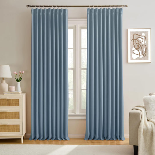 KEQIAOSUOCAI 2 PCs Dusty Blue Pleat Wide Drapes for Sliding Glass Door 60 Wide x 90 Inch Long, Privacy Light Block Noise Reduce Insulated Ceiling to Floor for Locker Room Basement Bedroom Closet
