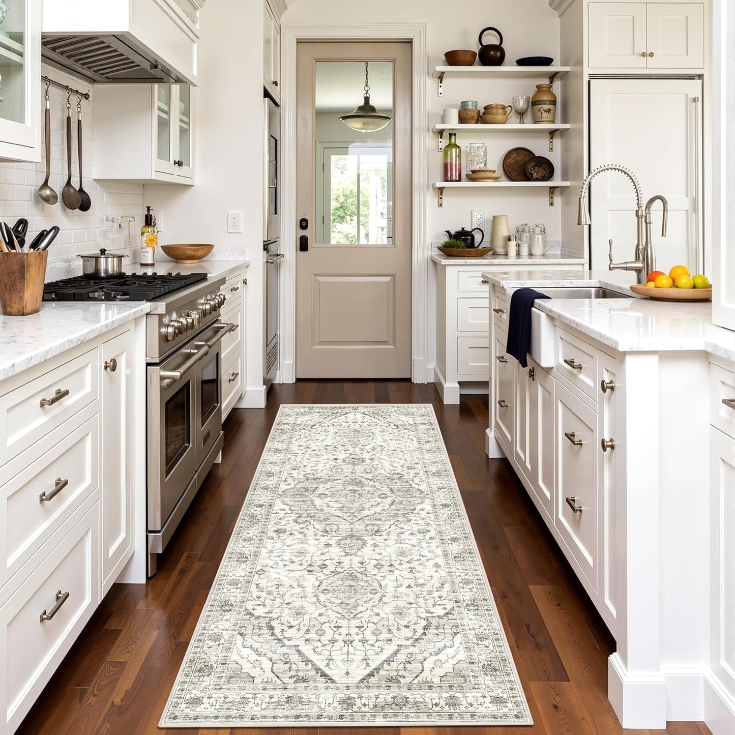 Deerly 2x7 Runner Rugs - Washable Kitchen Rugs with Non Slip Backing, Non-Shedding Cream Runners Rug for Hallways Boho Vintage Long Rug for Bedroom(Border Cream 2x7)